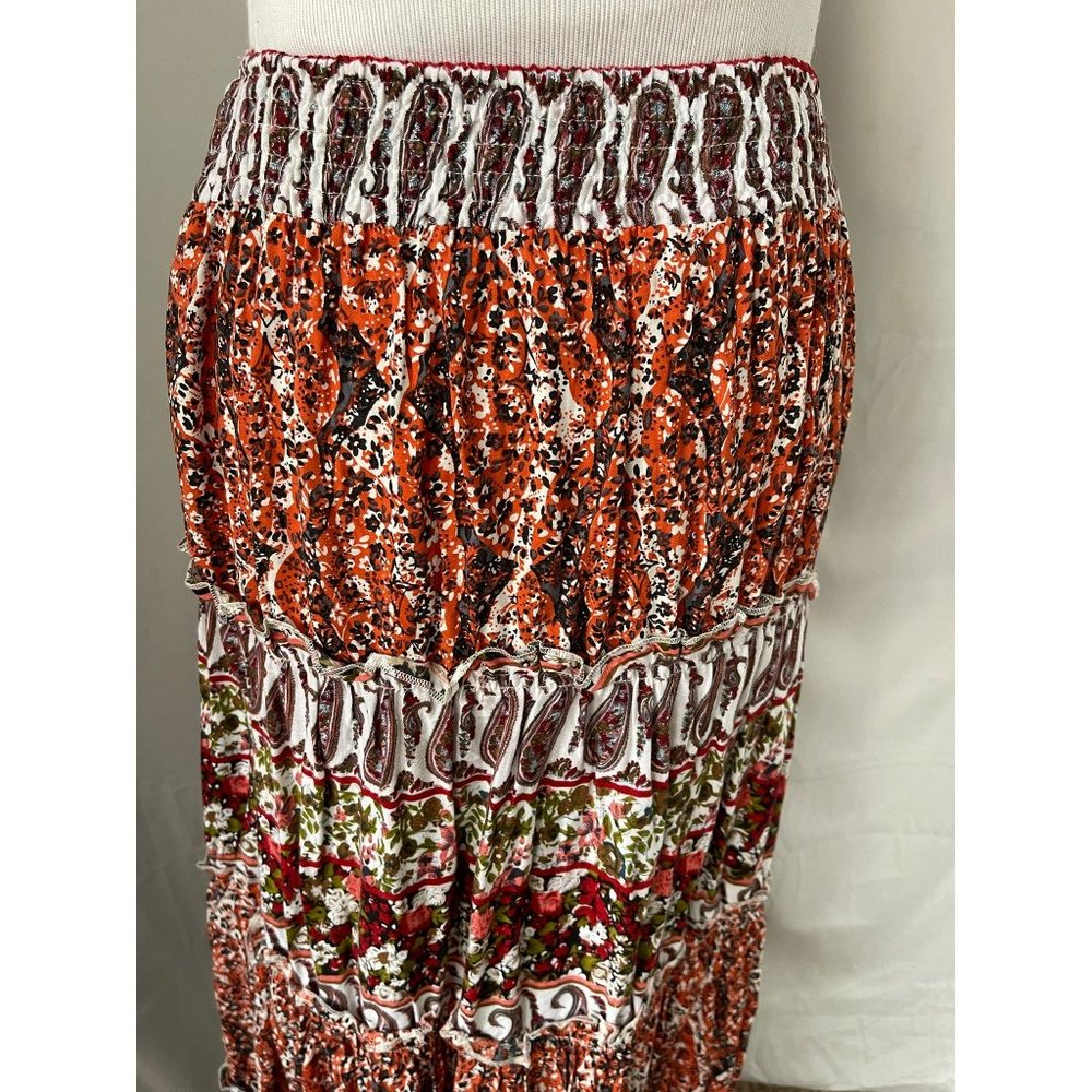 Available Multi-color Paisley Floral Print 4-Tier Elastic Waist Maxi Skirt - Picture 6 of 8